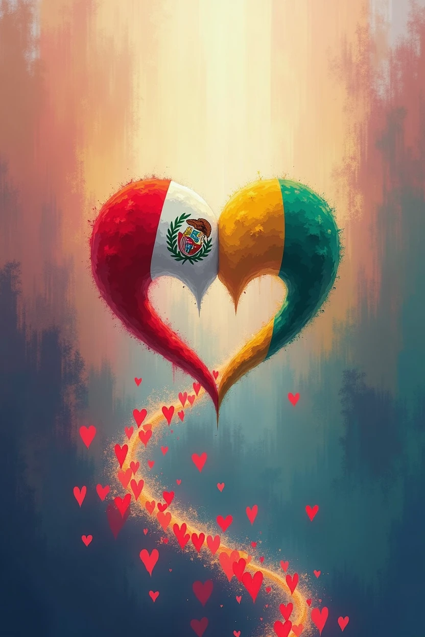 Peruvian flag linked by a path of hearts to the Bolivian flag