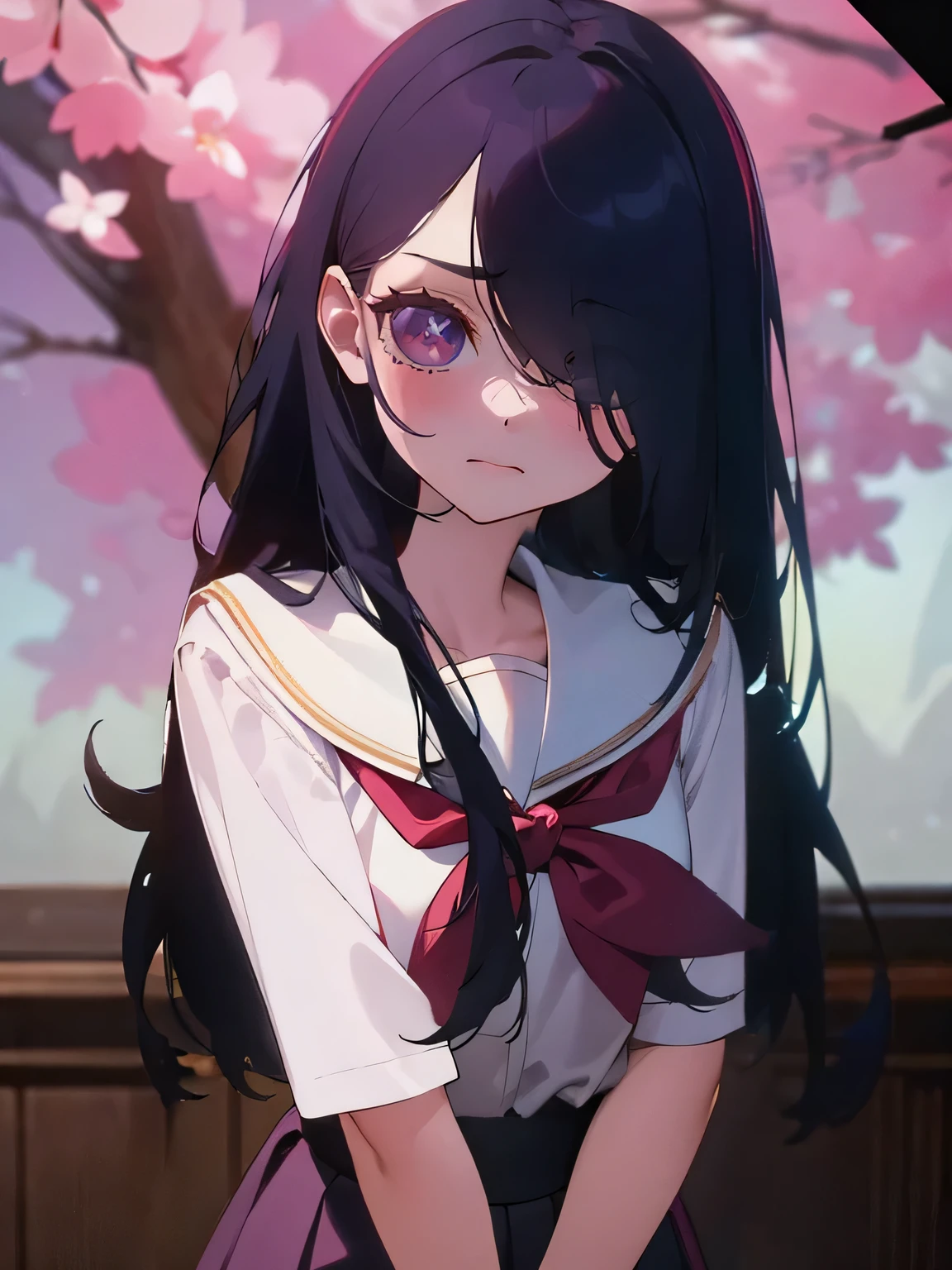 (1girl:1.3), Masterpiece, Best quality, amazing beauty, 4K, absurdres, finely detail, super detailed eye, perfect anatomy, official art, cinematic lighting, BREAK, bedroom, forest/jungle, cherry blossoms, silky medium long hair, hair over one eye, black hair, super shiny detailed black eye, small eyes, cute eyes, Looking at Viewer(camera), facing this way, close-mouth, thin lips, mascara, rouge, piercing, sad face, BREAK , usually, skinny, slim, pale skin, Are standing, arms behind back, standing, upper body, BREAK , (school uniform:1.2), (Flared skirt:1.2), (pantyhose:1.2), (loafers:1.2), BREAK,()
