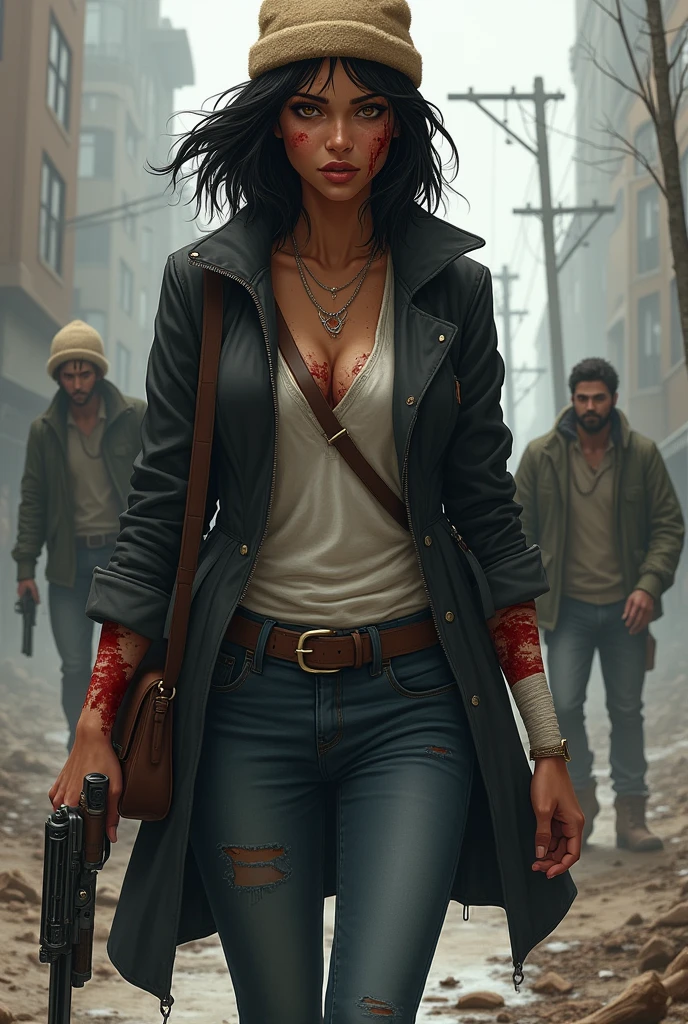 The Walking Dead Series, Female, 31, African American And Native American, Athletic Hourglass Body Type, Brown Honey Eyes, Light Freckles, Black Short Hair, Black Coat And Black Jeans, White Shirt Under Coat, Holstered Gun, Bandages On Her Arms, Combat Boots, Light Brown Winter Hat, Dark Brown Satchel, Exhausted Face, Zombie Apocalypse, Blood On Her Hands