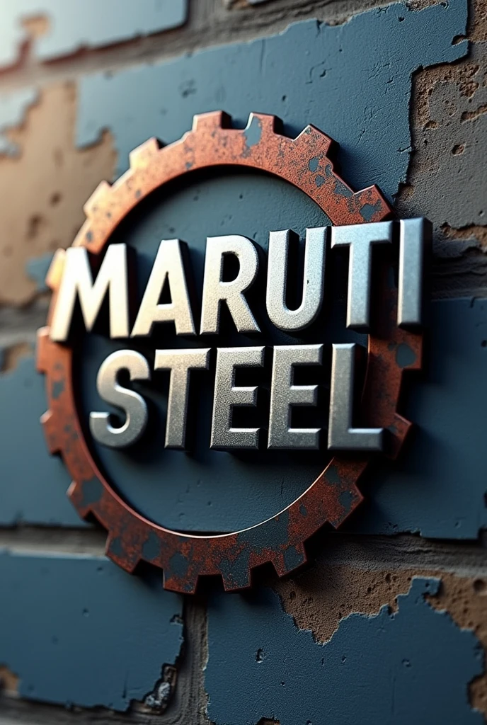 Create a logo for 'Maruti Steel' which deals in steel bar and TMT bar with construction colour background and shades of TMT bar in metal format