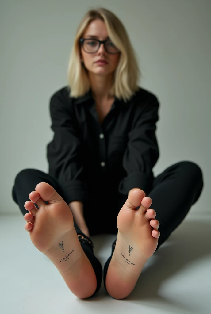 Image of a woman with glasses and blonde hair showing the soles of her feet with flats to the side. She is wearing a black blouse and black pants.
