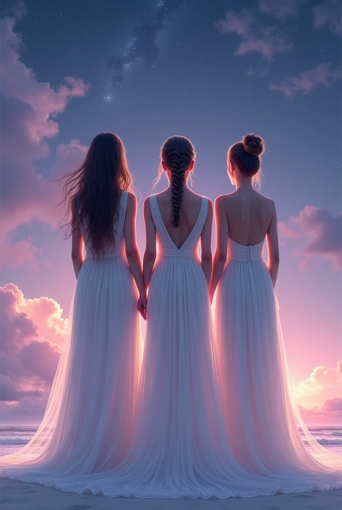 Three real realistic ladies standing backwards together looking away, wearing pretty long white dresses, first one has long hair, second one has braids, third one has short hair, the background is pastel purple/dark blue with stars