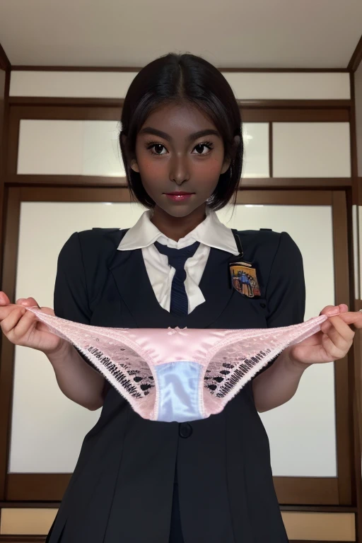 (8k, RAW Photos,highest quality, High resolution:1.1), (超Realisticな:1.4),(Realistic, Realistic:1.3),The Beauty of Japan、((Japanese school girl uniform))、((Upper Body:1.3)),holding panties ,  (Panties as a gift),(Detailed silk panties:1.1),Focus Panties,((Blushing:1.3)),(((( dark skin:1.6 ))))