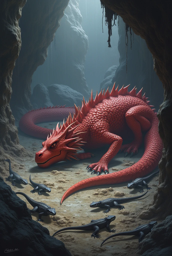 a red dragon is deep sleep in the cave, while bunch of lizards are fighting war each other outshide the cave, very realistic image