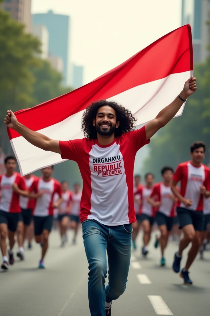 a handsome man with an Arabic face, long curly black hair, wearing a red and white t-shirt that says "DIRGAHAYU REPUBLIC OF INDONESIA" (correct spelling) wearing jeans, sports shoes, waving the flag of the Republic of Indonesia, the background is the busy atmosphere of the August race in the city