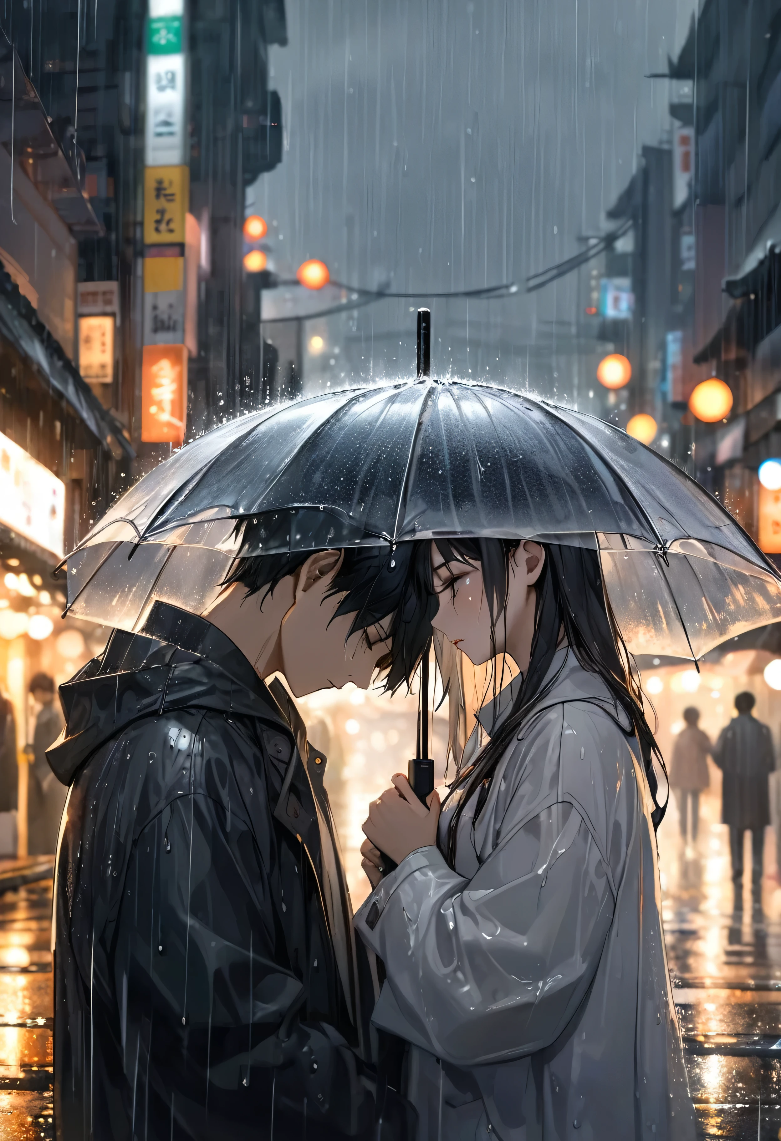 Raindrops mimic unshed tears as they cascade over the solemn faces of a young Korean couple amidst a heartrending parting, their heads bowed under the evocative grey skies of Seoul cityscape, forgoing umbrellas, evoking a poignant absence of shelter, digital painting, rain-streaked, soft focus, bokeh lights, reflective wet streets, dramatized melancholy,