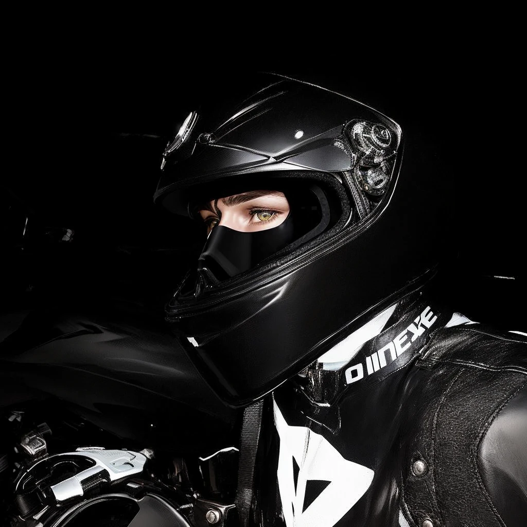 arafed man wearing a helmet and leather jacket sitting on a motorcycle, motorbiker, Bright eyes in helmet, biker, dark visor that covers the face, without helmet, wearing helmet, riding a motorcycle, picture of a female biker, motorcycle, masked, wearing his helmet, wearing a helmet, dressed in biker leather, horse rider, helmet on face, b&in photo