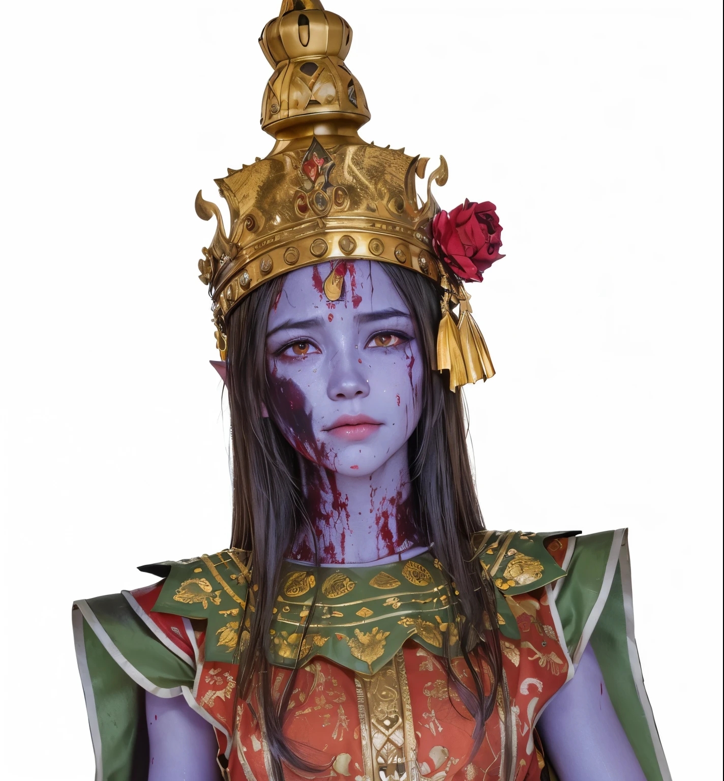 A face covered with blood and wounds,The expression is terrifying,A smile on the corner of the mouth,Bleeding from under the eyes,Scars all over his face,Woman with a golden crown on her head,The expression is hideous, sukhothai costume, Beautiful elf with purple skin, Reality Epic, Woman crying (Goat horns 1. 2), Sad look, Deeply sorrowful facial expression, Red and swollen eyes, frown, Red Nose, Moist cheeks, half-open mouth (Blood and tears 1. 2), (Bloodstains on the face 1. 4), (Hidden Shot: 1. 4), Black Hair, Beautiful, delicate eyes and ears, Dramatic Lighting, style, Gothic art, black eyes, French painter Alexandre Cabanel, painting, (Realistic details), Gothic lighting, Dim Lights, gloomy