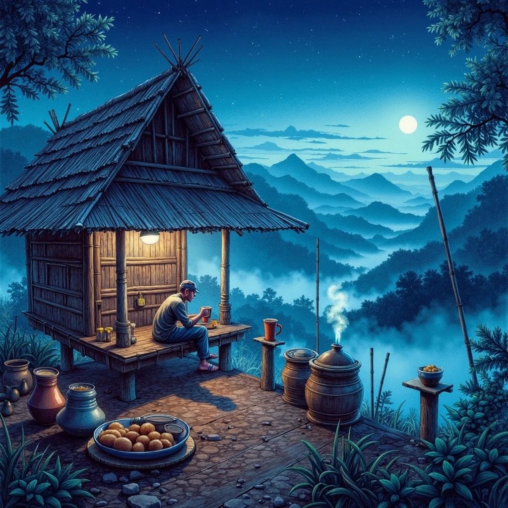 the night atmosphere at a simple little guard post made of wood and bamboo, the five men of the village are guarding SisKamLing, enjoying coffee tubruk and fried snacks, realistic photo images with Don Lawrence's colored pencil strokes