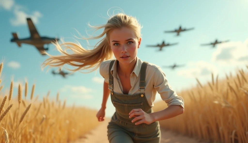 Incomparable masterpiece, ultra-realistic 8k CG, perfect artwork, ((perfect female image)),
woman running towards the viewer, fighter planes in the sky flying in the opposite direction, wheat field, blue sky,1girl, blonde hair, blue eyes, ponytail, farm girl, full lips, long hair. full body