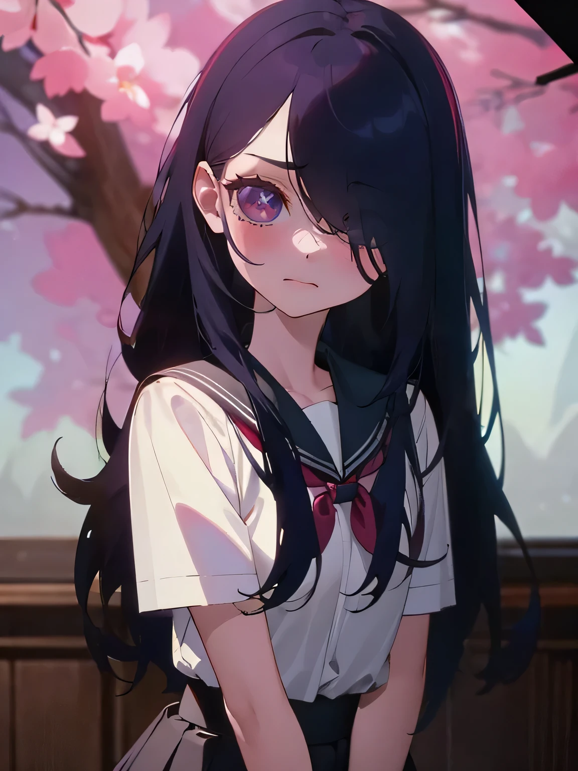 (1girl:1.3), Masterpiece, Best quality, amazing beauty, 4K, absurdres, finely detail, super detailed eye, perfect anatomy, official art, cinematic lighting, BREAK, bedroom, forest/jungle, cherry blossoms, silky medium long hair, hair over one eye, black hair, super shiny detailed black eye, small eyes, cute eyes, Looking at Viewer(camera), facing this way, close-mouth, thin lips, mascara, rouge, piercing, sad face, BREAK , usually, skinny, slim, pale skin, Are standing, arms behind back, standing, upper body, BREAK , (school uniform:1.2), (Flared skirt:1.2), (pantyhose:1.2), (loafers:1.2), BREAK,()