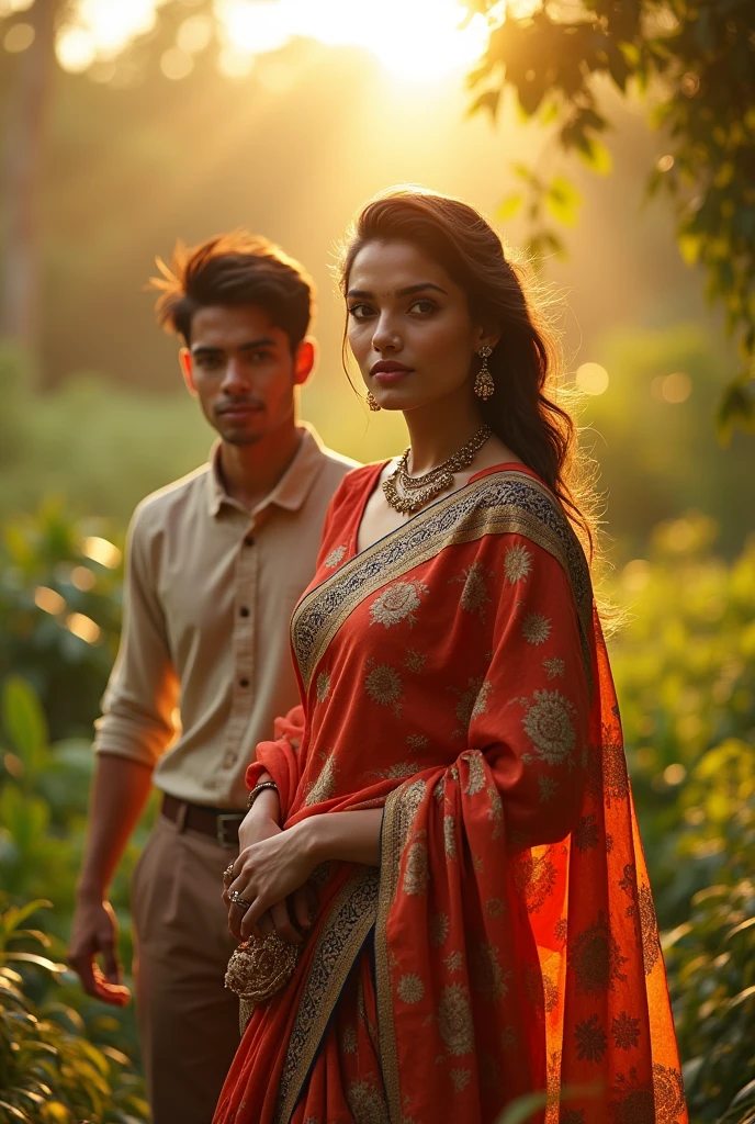 Priyanka Chopra is wearing an Indian saree, and there is a young man with her. In the background, there is nature and sunlight."