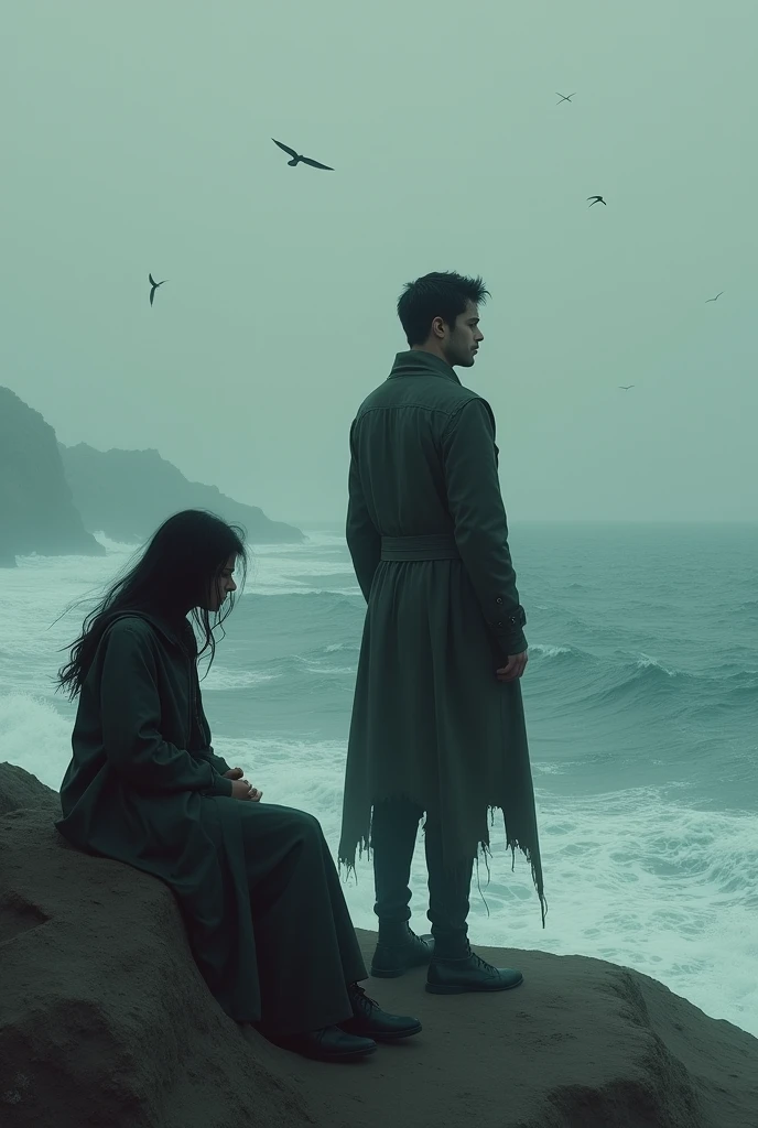 An image showing Blake Sorrow looking out at the sea, with a wide background of the ocean representing the vastness and feeling of emptiness. Rolanda Hester could be in the foreground, in a pose that denotes worry or distress. The sea can symbolize the mystery and grandeur of life and death, contrasting with Rolanda's inner turmoil.