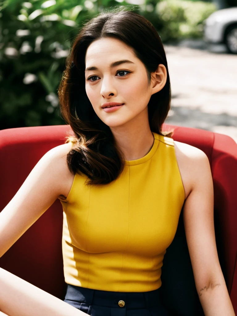 Upper body, Realistic photograph of a beautiful gorgeous young cute Asian woman, 22yo., detailed face, Realistic texture human skin, very beauty long and slender bright glowing face, curved eyebrows, droopy hooded eyes, wavy nose, bright smiling, full wide lips, outdoor, (((young Marion Cotillard  blended face mixed with young Anne Hathaway))), dressed vibrant yellow sleeveless crop top, sits elegantly burgundy chair, Leica SL3, Summicron-SL 75mm ASPH, F/1.8, (cinematic still:1.2), Film Never Die Kiro 400 film, bokeh, rim lighting, silhouette, shallowed depth of field,