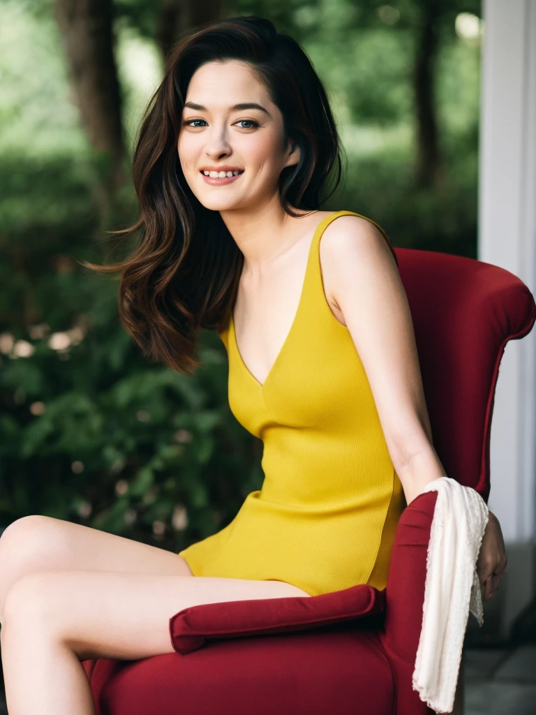 Upper body, Realistic photograph of a beautiful gorgeous young cute Asian woman, 22yo., detailed face, Realistic texture human skin, very beauty long and slender bright glowing face, curved eyebrows, droopy hooded eyes, wavy nose, bright smiling, full wide lips, outdoor, (((young Marion Cotillard  blended face mixed with young Anne Hathaway))), dressed vibrant yellow sleeveless crop top, sits elegantly burgundy chair, Leica SL3, Summicron-SL 75mm ASPH, F/1.8, (cinematic still:1.2), Film Never Die Kiro 400 film, bokeh, rim lighting, silhouette, shallowed depth of field,