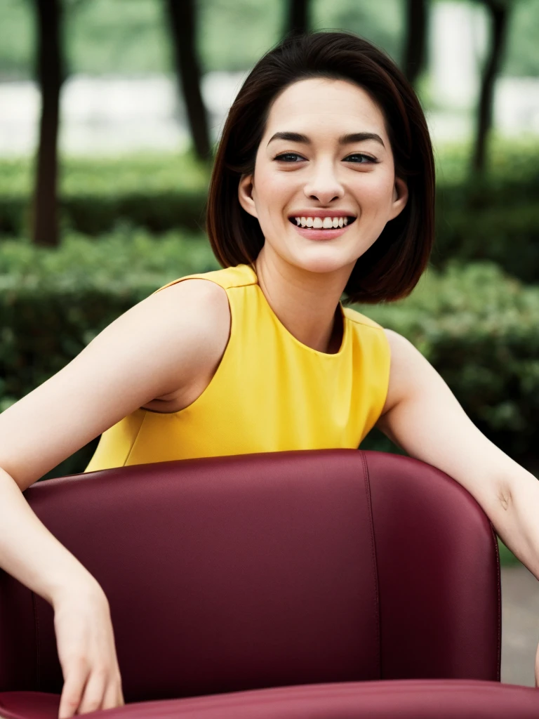 Upper body, Realistic photograph of a beautiful gorgeous young cute Asian woman, 22yo., detailed face, Realistic texture human skin, very beauty long and slender bright glowing face, curved eyebrows, droopy hooded eyes, wavy nose, bright smiling, full wide lips, outdoor, (((young Marion Cotillard blended face mixed with young Anne Hathaway))), dressed vibrant yellow sleeveless crop top, sits elegantly burgundy chair, Leica SL3, Summicron-SL 75mm ASPH, F/1.8, (cinematic still:1.2), Film Never Die Kiro 400 film, bokeh, rim lighting, silhouette, shallowed depth of field,