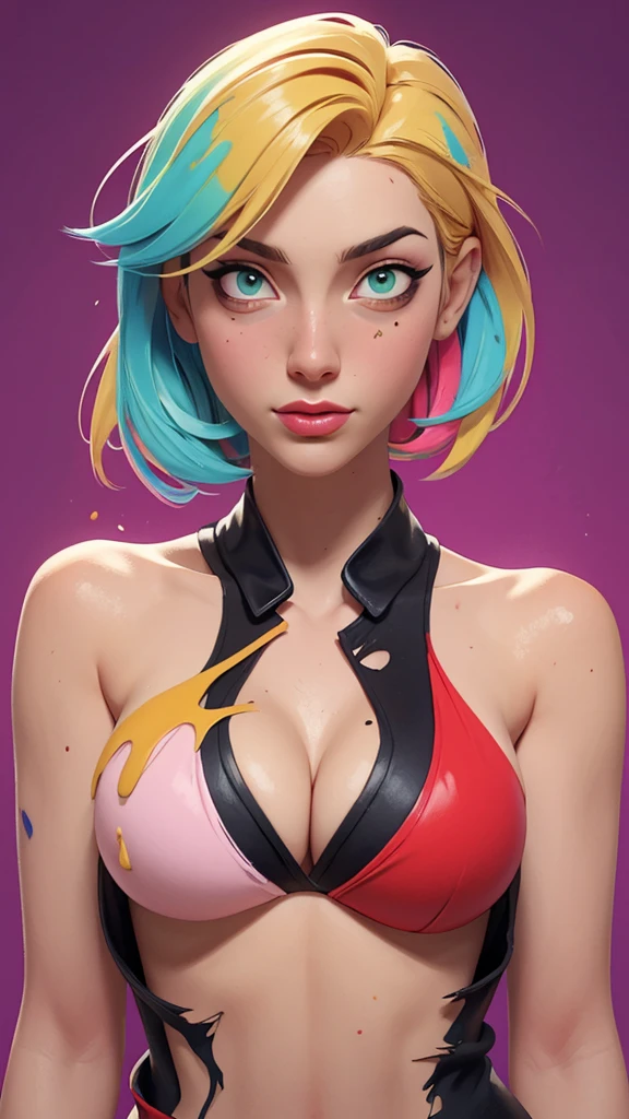 one girl, solo, abs, slender body, (upper body, bust:1.2), green eyes, blonde hair, red clothes, bare shoulders, masterpiece, highly detailed, look at viewer, front view, (paint splashes:1.5), (abstract, psychodelic:1.5), (deep cleavage:1.5), (torn clothes, transparent clothes:1.3), torn T-shirt, (transgressive art, octane render , saturated colors, pastel colors:1.3), (paint splashes background, colorful background:1.3)