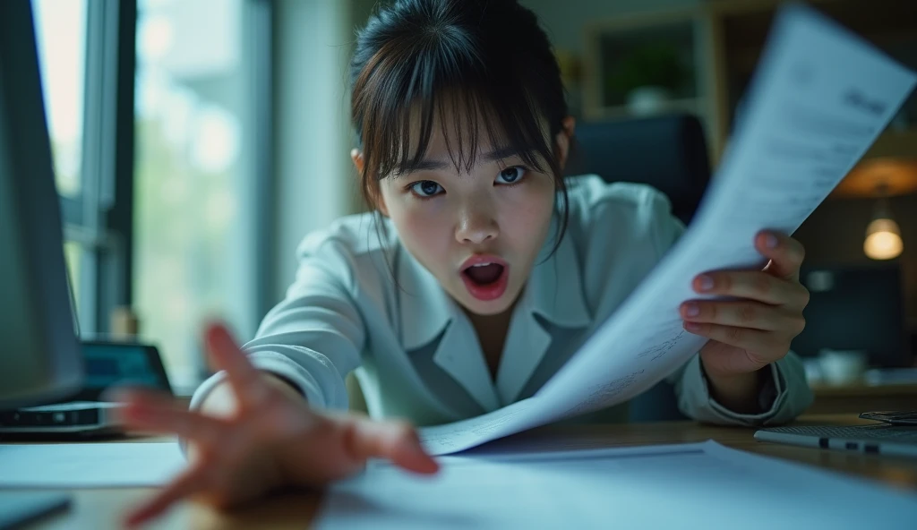 portrait of Korean beautiful woman, sitting in office, jumped up in panic and reached out to grab the documents, daylight, cool light, professional image, professional picture, high quality portrait, photo portrait, an epic non - binary model, professional portrait, photo still, color portrait, creative coder with a computer, cinematic lens , photography , her face is grimace, looking at documents,