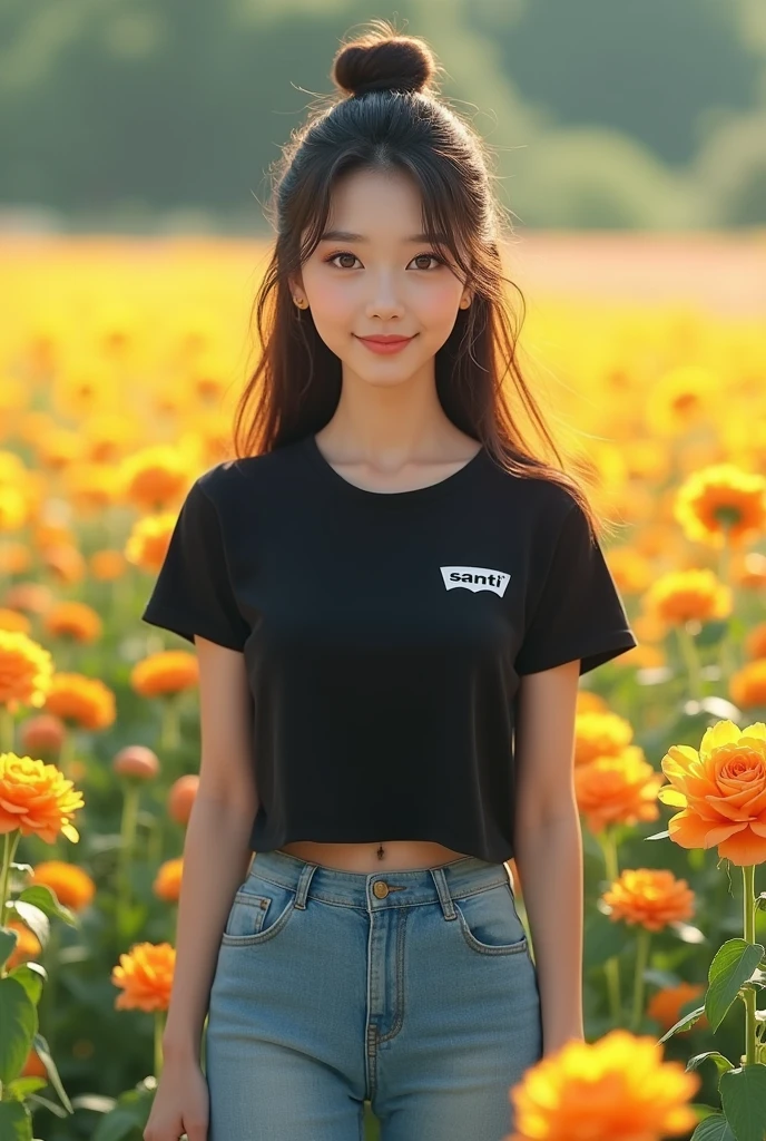 1 girl, Korean with beautiful skin, well-groomed face, flowers, , roses, solo, outdoors, field, black short t-shirt, shirt with Santi logo, holding, hair tied in a bun, field of flowers, ,Levis pants, realistic, brown hair, smiling, brown eyes, black hair, long, twintails, looking at the viewer, standing, yellow flowers