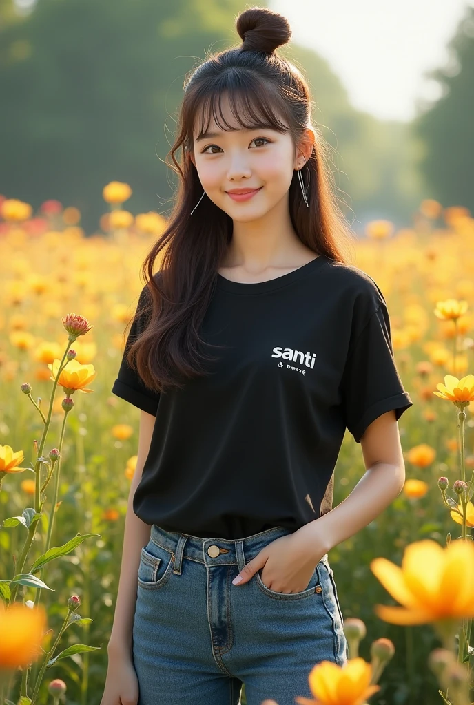 1 girl, Korean with beautiful skin, well-groomed face, flowers, , roses, solo, outdoor, field, white short t-shirt, Santi logo shirt, holding, braided hair, field of flowers, ,Levis pants, realistic, brown hair, smiling, eyes brown, black hair, long, twintails, looking towards the viewer, standing, yellow flowers