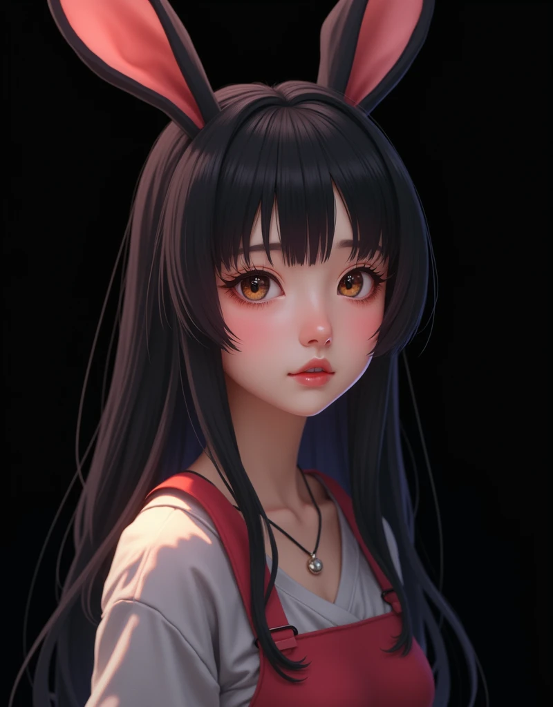 (best quality,4k,8k,highres,masterpiece:1.2),ultra-detailed,(realistic,photorealistic,photo-realistic:1.37),detailed portrait of a korean girl with ulzzang features,perfect detailed facial features,beautiful eyes,nose,and lips,long eyelashes,bunny ears,black background,full body shot,arms behind back,intricate details,cinematic lighting,highly saturated colors, ((anime)), 