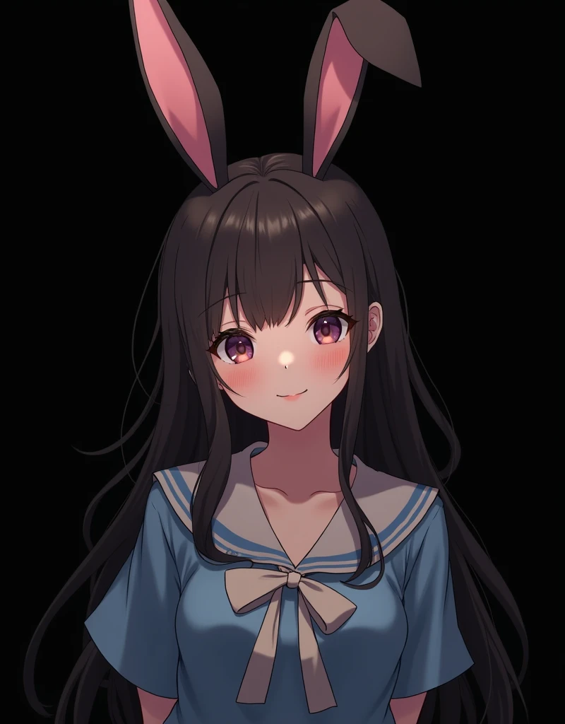 (best quality,4k,8k,highres,masterpiece:1.2),ultra-detailed,(realistic,photorealistic,photo-realistic:1.37),detailed portrait of a korean girl with ulzzang features,perfect detailed facial features,beautiful eyes,nose,and lips,long eyelashes,bunny ears,black background,full body shot,arms behind back,intricate details,cinematic lighting,highly saturated colors, ((anime)),