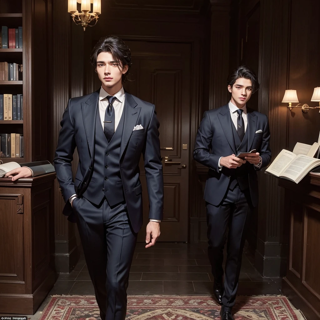A 25-year-old man, with an elegant and attractive bearing, that reflects both youth and sophistication. His hair is dark brown, thick and slightly wavy, impeccably styled with a side part. His eyes are a deep, penetrating blue., that contrast with his dark hair and give him an intense and charismatic look.
He wears a perfectly tailored suit, befitting someone of his social status. The suit is a dark color, like navy blue or charcoal grey, custom-made with a modern cut that accentuates his athletic figure. wears a high quality white shirt, accompanied by a silk tie in sober tones, like silver grey or deep blue. A luxury watch discreetly peeks out from his wrist, and his black leather shoes are impeccably polished.
His posture is relaxed but confident., with an expression that blends the confidence of youth with the seriousness of someone accustomed to the responsibilities of a wealthy family. The background could suggest a luxurious environment, perhaps a library with shelves filled with ancient books or a living room decorated with classical art, that underlines his refined upbringing and education.