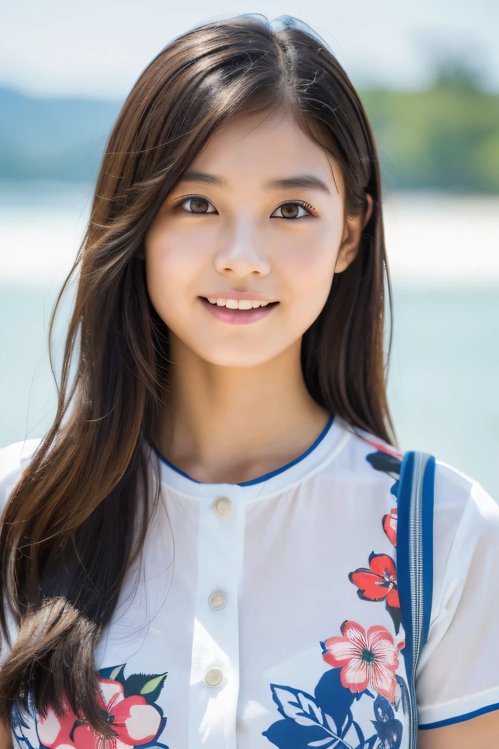 ((((masterpiece, Highest quality, High resolution)))), Extremely detailed 8K, スリムな体を持つsexyな美しい18歳の女性, (Ultra HD, Very detailed, Cowboy Shot,Very detailed, Very realistic, Ultra-realistic, Photo Real),{ Deep writing depth, (Godley:1.2), (bounce front lighting:1.1), (Soft and diffuse lighting:1.6) } (One person:1.5), long wavy brown hair, (ダイナミックなsexyなポーズ), (Very delicate and natural hair:1.3), To the camera, A light smile, (Large and firm breasts: 1.2), (Very delicate and natural face, Very delicate and natural eyes:1.3),(Very delicate and natural clothing:1.2),(Wearing a police officer's uniform, Chest button not fastened, The chest area of the uniform is wide open, I can see your chest:1.6) (Pink nipples sticking out:1.3), Shine, Very sweaty, (Light of the sun, sunlight), sexyな長い脚,sexy, blush, (Ultra-realisticな広大な風景, photogenic scenery:1.1), A big, modern and luxurious city, coastal, Very windy day, Hair blowing in the wind