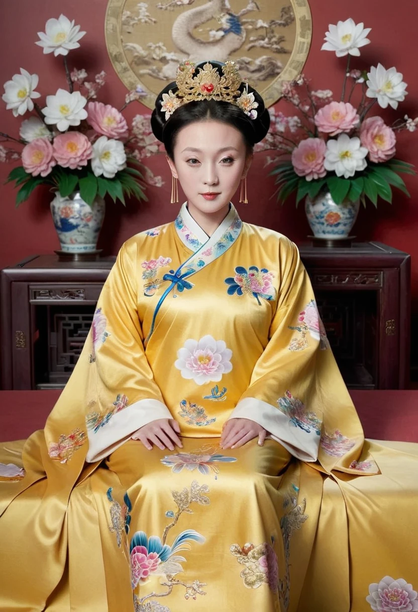 From the pre-Qing period, The Empress sits naked on a large golden sofa in the palace,  Her legs were spread, At the Chinese court during the Qing Dynasty, Empress of the Qing Dynasty, Wearing the great crown of the Chinese Empress, Belly and thighs visible from below.。She is completely naked, Showing off gorgeous large flowers and hairpins, She tied her hair up and pulled it up, 背景はEmpress of the Qing Dynastyの豪華な宮殿.