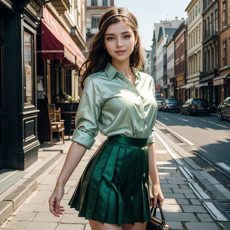 (masterpiece, best quality:1.5), highest quality, High resolution, super detailed, Realists, Full body photo of a brunette 22 year old woman, detailed and beautiful eyes, beautiful detailed lips, very detailed eyes and face, longeyelashes, 22-year-old woman in a green shirt made of shiny satin and a pleated skirt, Beautiful and colorful makeup, elegant and noble々Pose,shiny satin headband,, City as background, bright daylight, bright colors, fine brushstrokes, Portrait style, beautiful color palette, glowing skin, First-class rendering, that captures every detail, enchanting atmosphere, (perfect anatomy:1.2), (The stunning woman wears a green satin shirt and a white pleated skirt. She smiles flirtatiously., Showcasing her figure (magnificent panorama view:1.2)