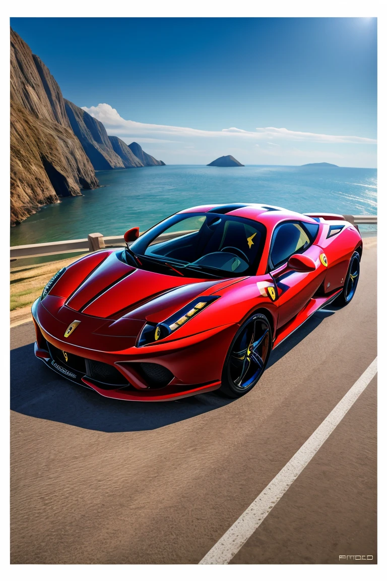 (Highest quality、masterpiece、8k))、Anatomically correct、Very detailed、High resolution、Cinematic lighting、Realistic、((Beautiful, sparkling, detailed eyes))、Intricate details、((Dynamic composition))、((Cute kitten))、Big head、((yellow Ferrari))、((photographの白いフレーム))、coastline、((A composition with depth from an angle))、((The driver is a kitten))、photograph、(((White border)))