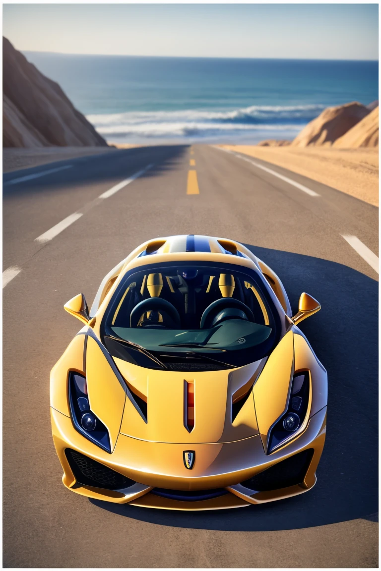 (Highest quality、masterpiece、8k))、Anatomically correct、Very detailed、High resolution、Cinematic lighting、Realistic、((Beautiful, sparkling, detailed eyes))、Intricate details、((Dynamic composition))、((Cute kitten))、Big head、((yellow Ferrari))、((photographの白いフレーム))、coastline、((A composition with depth from an angle))、((The driver is a kitten))、photograph、(((White border)))