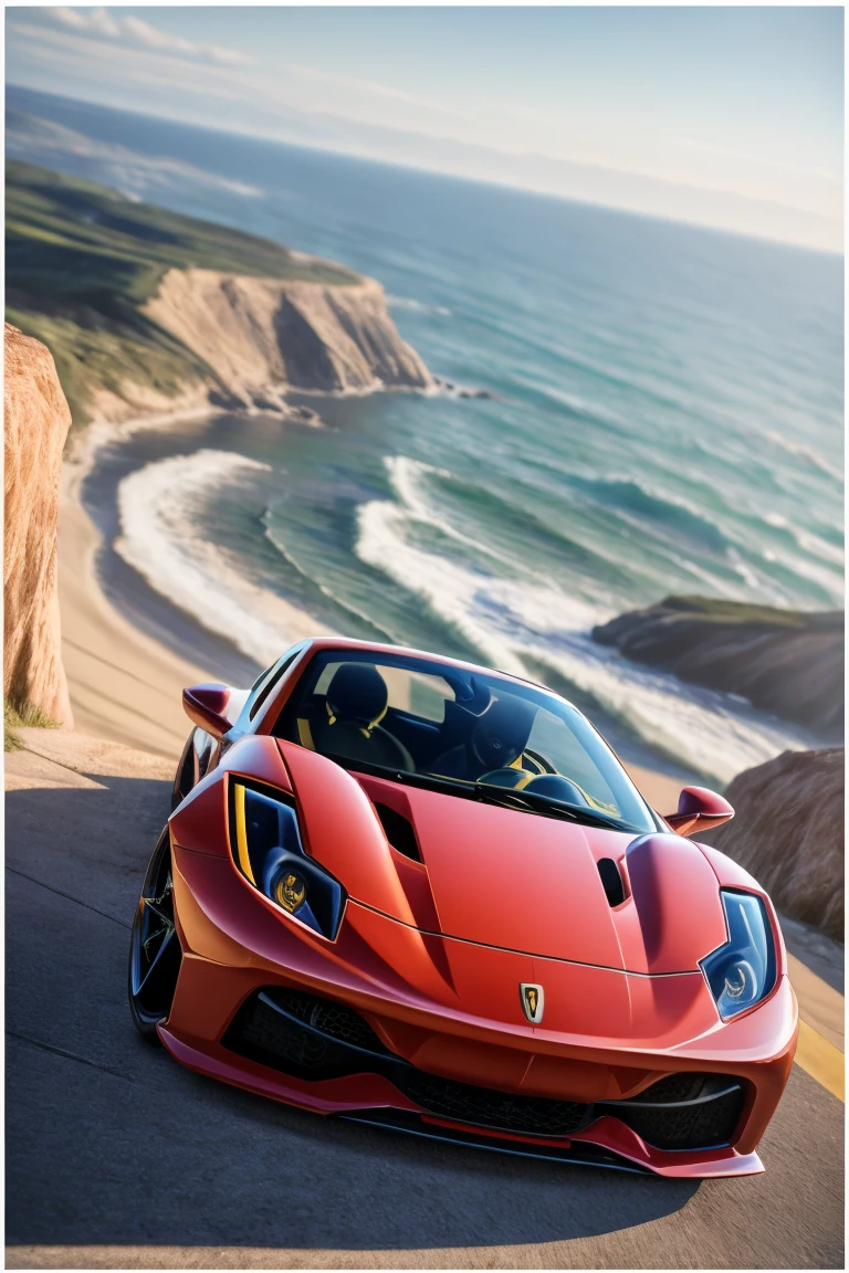 (Highest quality、masterpiece、8k))、Anatomically correct、Very detailed、High resolution、Cinematic lighting、Realistic、((Beautiful, sparkling, detailed eyes))、Intricate details、((Dynamic composition))、((Cute kitten))、Big head、((yellow Ferrari))、((photographの白いフレーム))、coastline、((A composition with depth from an angle))、((The driver is a kitten))、photograph、(((White border)))