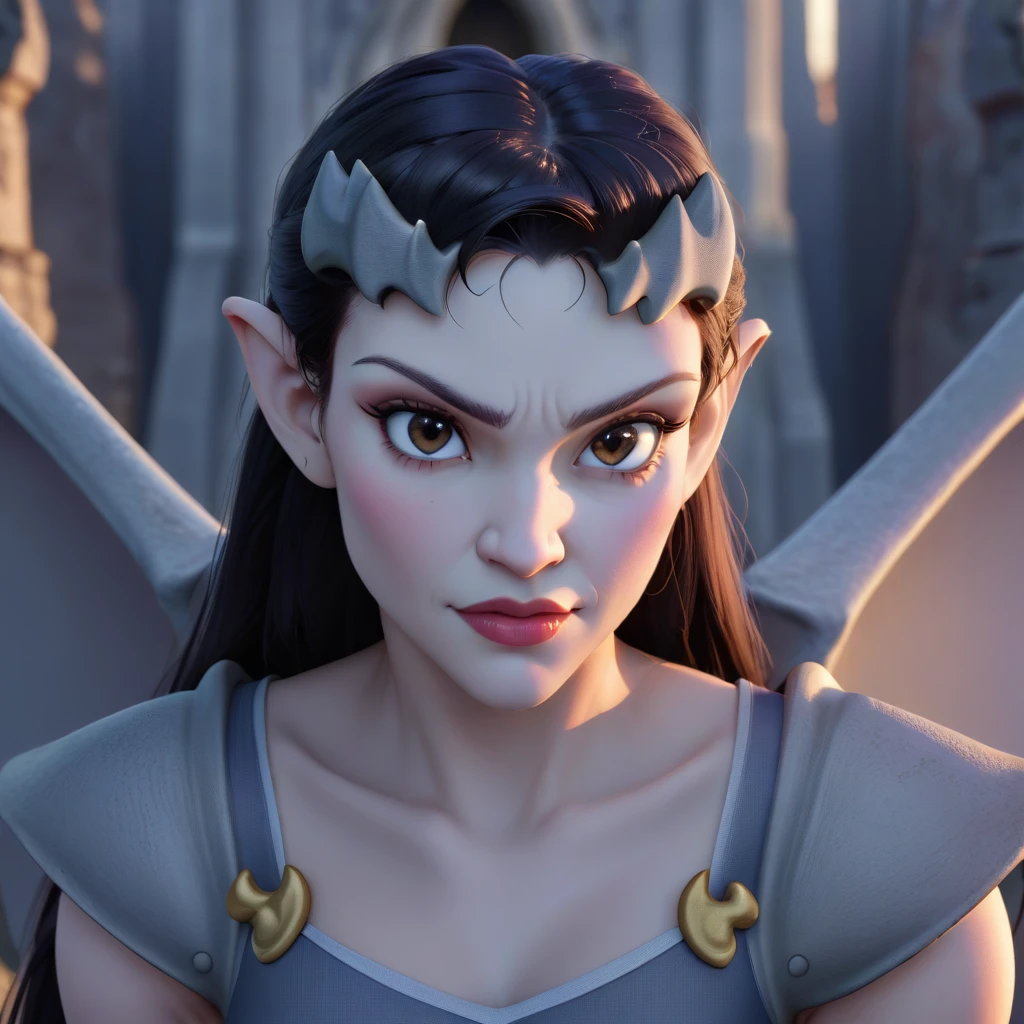 Female Gargoyle. In style of Disney's Gargoyles.Official Art – Charecter profile. An Award-Winning Digital Masterpiece In 4K Ultra HD, Extreme Detail And Intricate Realism. Symmetrical Face. This Concept Art Brought To Life By The Hands Of Artists Like Wlop & Artgerm In A Stunning 2D Vector Illustration.Background Is A Panoramic Vista.
