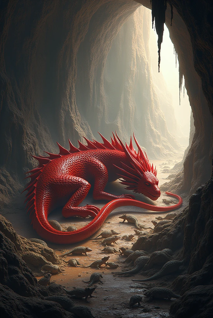 a red dragon is deep sleep in the cave, while bunch of lizards are fighting war each other outshide the cave, very realistic image