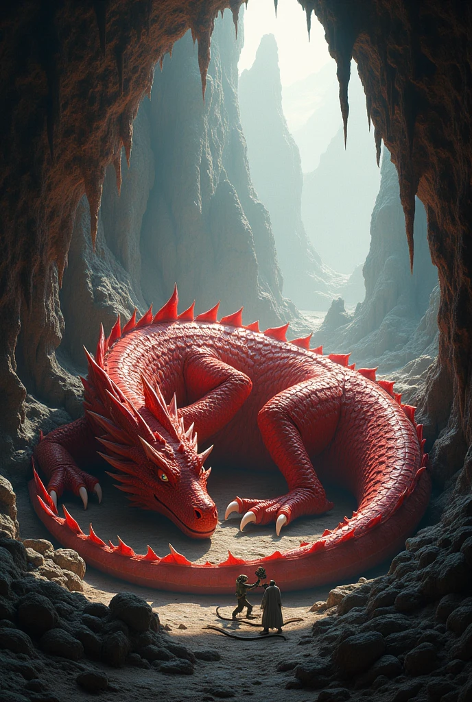 a red dragon is deep sleep in the cave, while bunch of lizards are fighting war each other outshide the cave, very realistic image