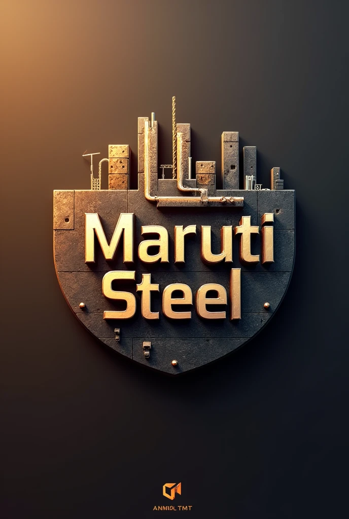 Create a logo for 'Maruti Steel' which deals in steel bar and TMT bar with construction colour background and shades of TMT bar in metalic format which gives shadow of 'Anmol TMT'