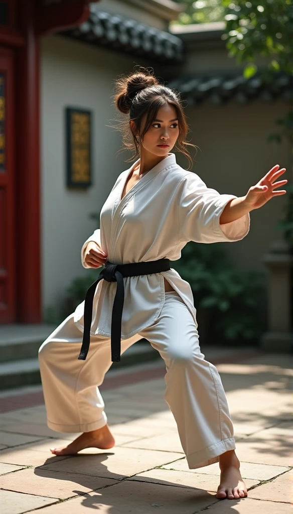 Realistic busty 35yo woman,Karateka,shaolin temple,Drunk monkey,ultimate form,8k,erotic obscene Performance