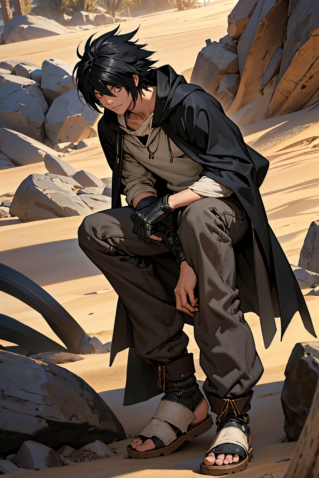 best quality,masterpiece,ultra detailed,Add layer,slim,1 man,solo,
l_lawliet, black hair, black eyes,
25 years old,jedi,
poor cloak,(cloak:1.2),hood,debun pants,Smirk,boots,gloves,mechanical parts,
slouching,wilderness traveler,in the desert,in the wilderness,