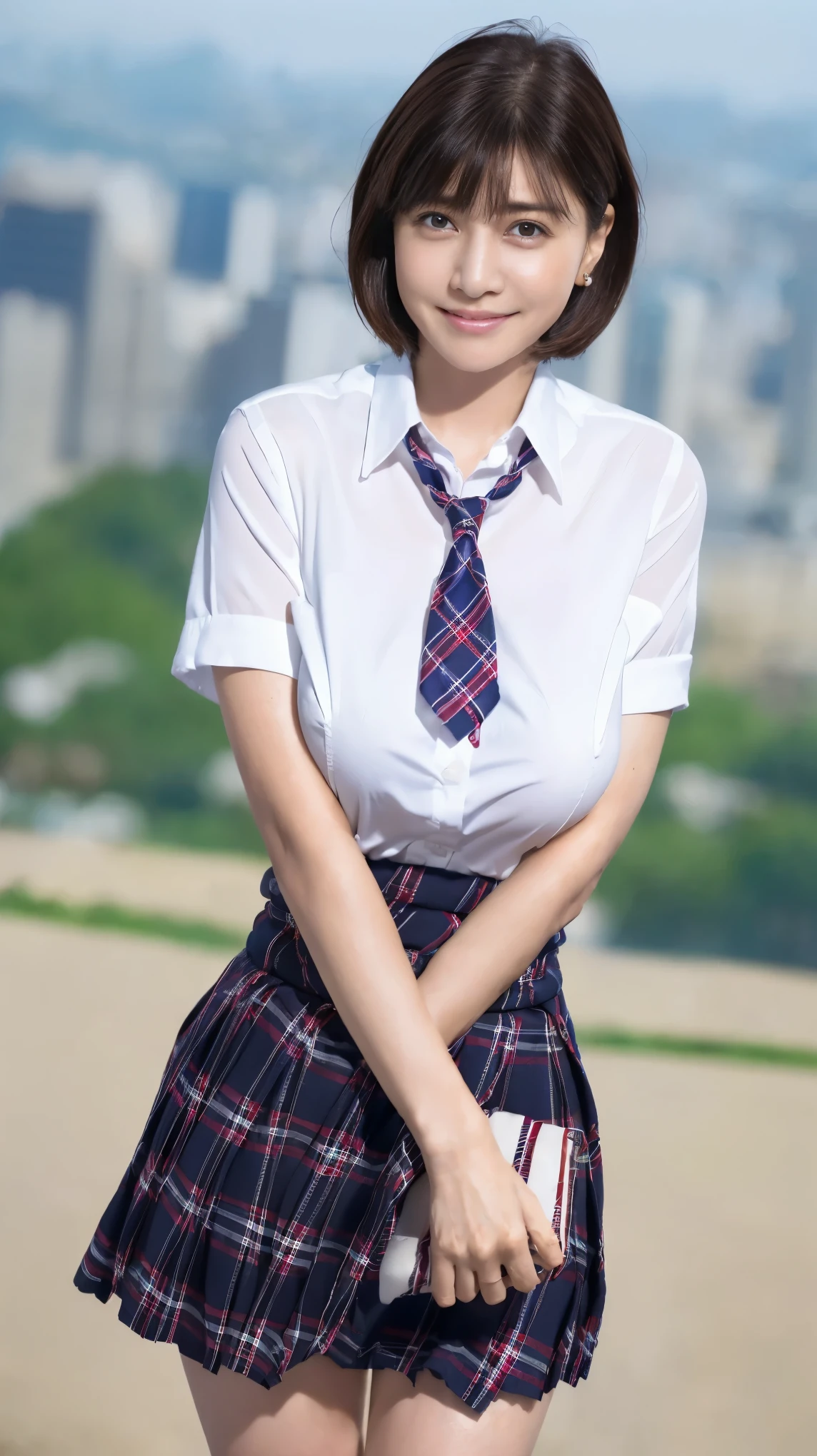 (8k,Ultra-high resolution,Highest quality,masterpiece,Realistic,Ultra-high resolution,High-quality RAW color photos,Professional photos,Realistic,Realistic),Natural skin texture,Fine skin,Hyperrealism,Intricate details,Adult women,Eye highlights.Lip gloss,Glossy Lips,(Cute smile,Short Hair,Dark blonde hair,bangs),(((gigantic breast,Big Breasts))),(Schoolgirl uniform,(White Cutter Shirt),Azure check patterned pleated mini skirt,tie),Urban area,((face focus,Staring at the audience)),((((windy up skirt,Skirt fluttering in the wind,skirt lift))))