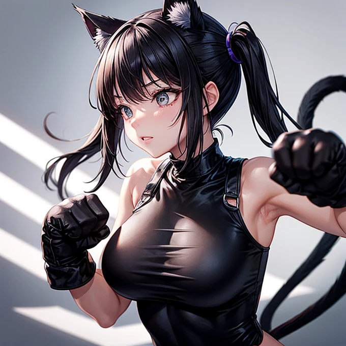 she is wearing black clothes, High Cut Bodysuit.A woman doing professional wrestling It has cat ears and a tail... Twin tails Open Finger Gloves Fighting in the ring