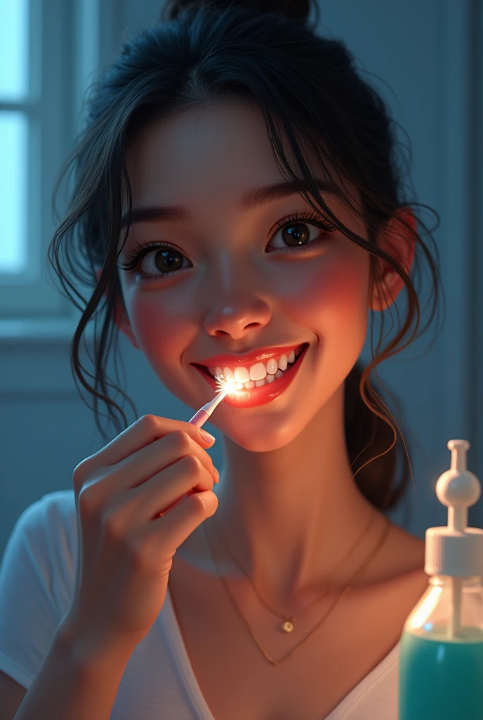 Subject: A woman caring for her teeth at night,
Creative descriptions: bright smile, healthy gums, fresh breath,
Environment: bathroom with dental hygiene products,
Mood/atmosphere: diligent, refreshed, oral care enthusiast,
Artistic medium/techniques: realistic digital artwork with dental details,
Artists/illustrators: Marco Escobedo, Realistic Portraiture, Detailed dental features, lifelike textures,
Camera settings: Use high-resolution digital camera to capture dental details accurately.