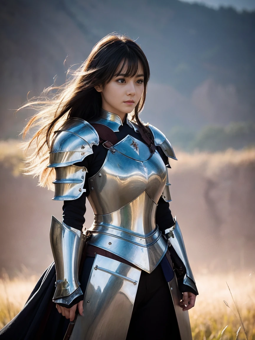 Highest quality、masterpiece、8k、Realistic、超High resolution、Very delicate and beautiful、High resolution、Cinema Lighting、medium range shooting、Portraiture、Perfect female body、Beautiful woman、Mature Woman、Opposition、With my hands on my head、Looking at the audience、grassland、Fantasy girl knight from another world、(Armor with emphasis on the chest、Big Breasts)、sword、shield、knight&#39;s emblem、Long Hair、Helmet、Armor Plate、Leather Armor、Combat Boots、Waist-mounted weapons、Beautiful and strong face、Eyes full of determination、Knight Road、horse、Roar、knight&#39;pledge、Potential magical powers、Scars from past battles