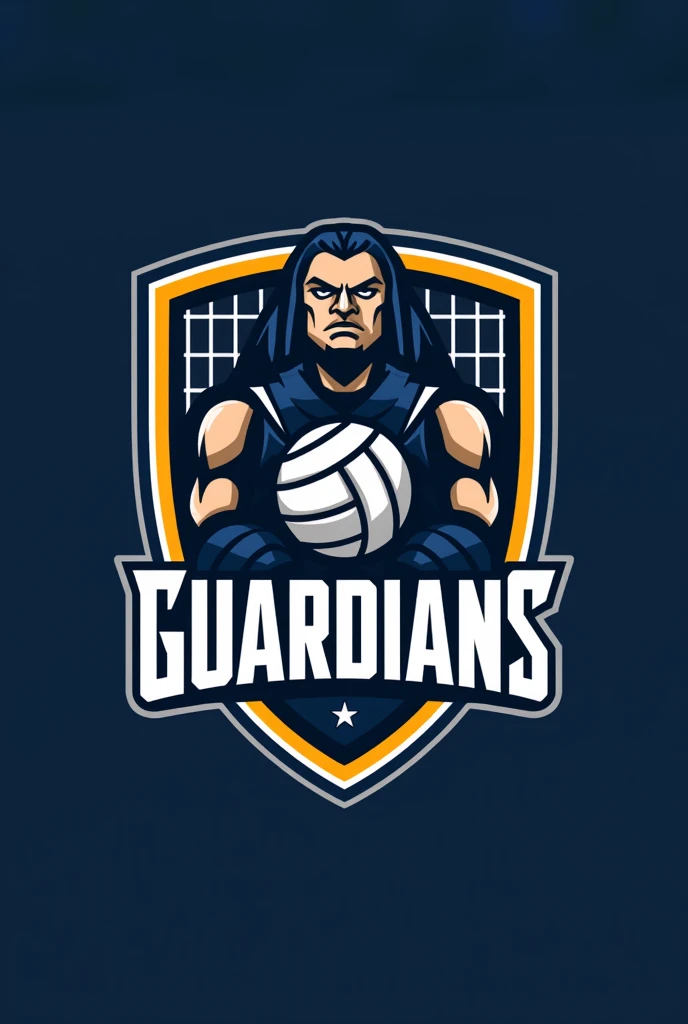 Create a logo for a volleyball team that includes the word "Guardians" in the shape of a shield, with a background net and the shape of a guardian in graphic style and a volleyball, that includes navy blue and gold colors
