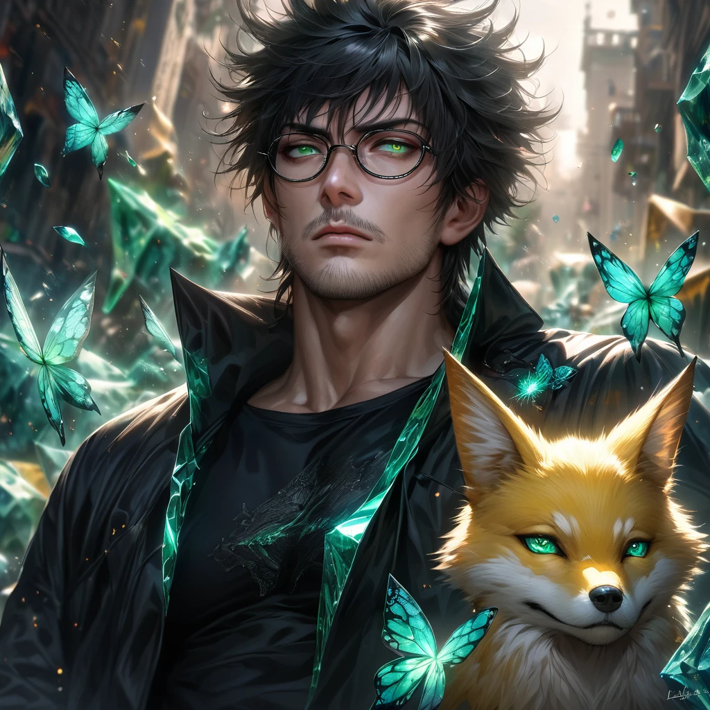 Extremely detailed, high resolution, absurd, HDR, masterpiece, Fushiguro Megumi, Black Hair, Expressive green eyes, Jiu Jitsu Kaiba, Black long coat, green Ice flowers, petal, Very handsome, Sexy men, Solitary, Extremely detailed eyes and face, green Ice, green Ice sparkling butterflies, Black T-shirt, Realistic face, sparkling, sparkling eyes, yellow Fox, men with stubble, short beard, short mustache, Beard scum, slightly curly hair, and black square plastic-framed glasses