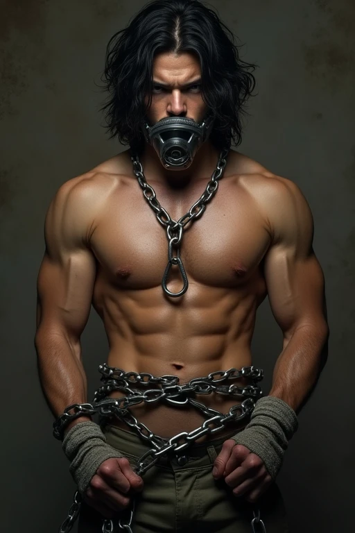 A man, 25 years old... extremely hot and sexy... he's lean and long black messy hair...shirt and pants...chained and muzzled to a stand