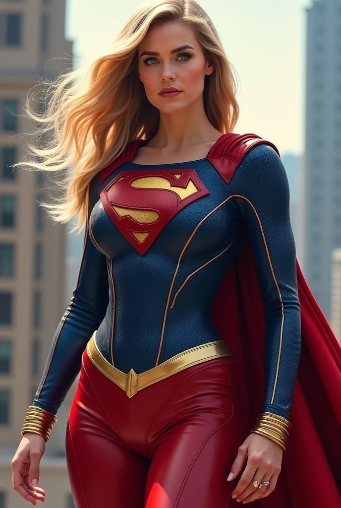 A beautiful woman with long blonde hair wearing the Kryptonian Kara Zor-El alias Supergirl costume. Blue and red leather jacket, red leather corset with the Superman emblem on her chest, red leather pants, red knee-high boots with gold trim, long gold bracelets.