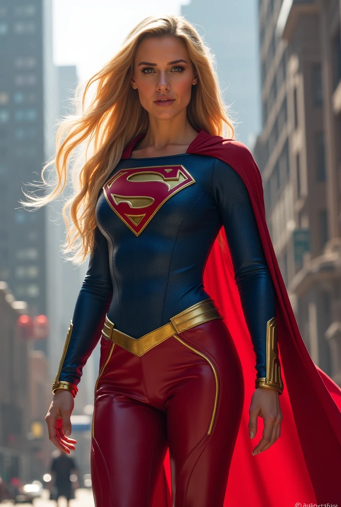 A beautiful woman with long blonde hair wearing the Kryptonian Kara Zor-El alias Supergirl costume. Blue and red leather jacket, red leather corset with the Superman emblem on her chest, red leather pants, red knee-high boots with gold trim, long gold bracelets.