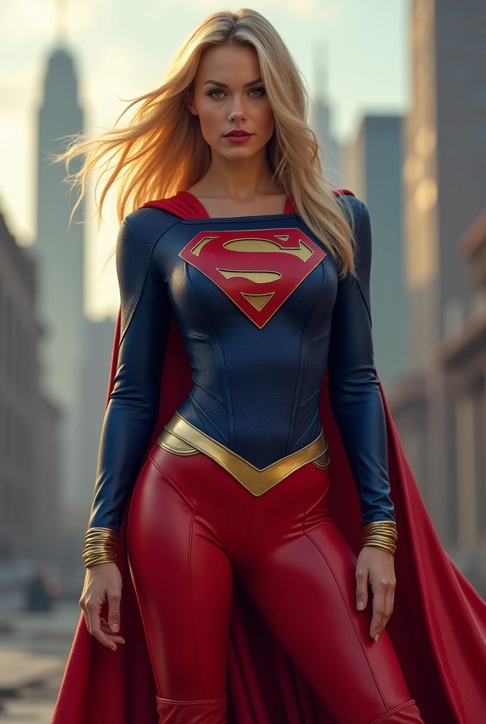 A beautiful woman with long blonde hair wearing the Kryptonian Kara Zor-El alias Supergirl costume. Blue and red leather jacket, red leather corset with the Superman emblem on her chest, red leather pants, red knee-high boots with gold trim, long gold bracelets.