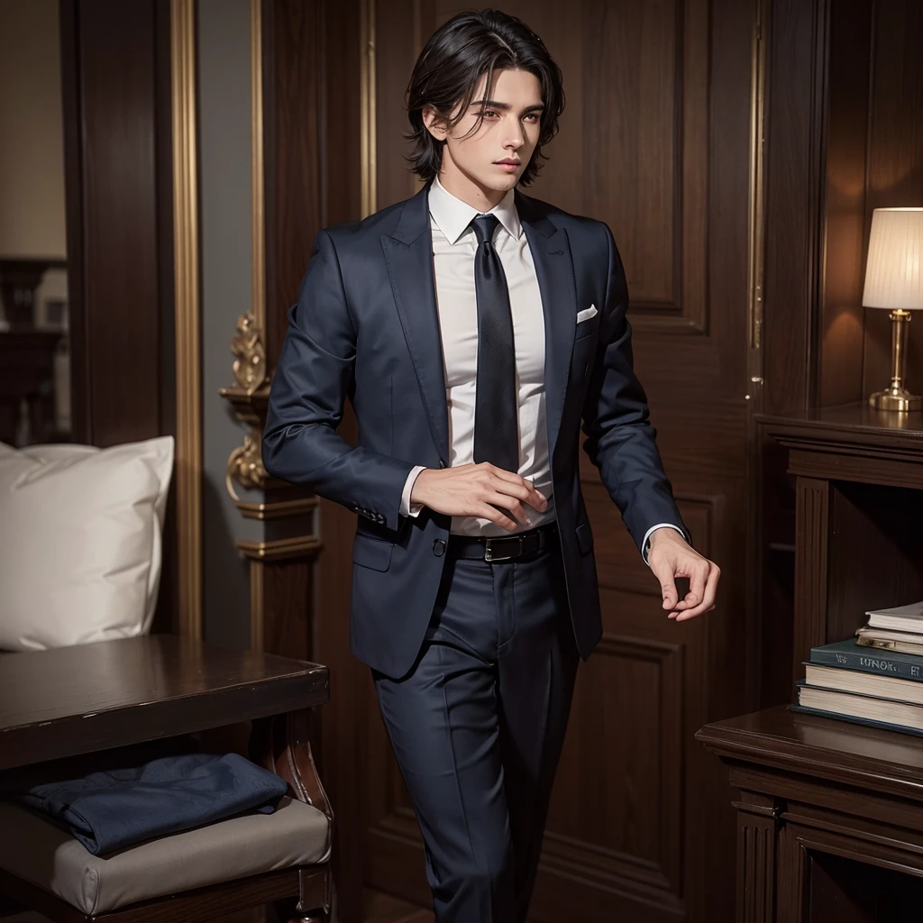 A 25-year-old man, with an elegant and attractive bearing, that reflects both youth and sophistication. His hair is dark brown, thick and slightly wavy, impeccably styled with a side part. His eyes are a deep, penetrating blue., that contrast with his dark hair and give him an intense and charismatic look.
He wears a perfectly tailored suit, befitting someone of his social status. The suit is a dark color, like navy blue or charcoal grey, custom-made with a modern cut that accentuates his athletic figure. wears a high quality white shirt, accompanied by a silk tie in sober tones, like silver grey or deep blue. A luxury watch discreetly peeks out from his wrist, and his black leather shoes are impeccably polished.
His posture is relaxed but confident., with an expression that blends the confidence of youth with the seriousness of someone accustomed to the responsibilities of a wealthy family. The background could suggest a luxurious environment, perhaps a library with shelves filled with ancient books or a living room decorated with classical art, that underlines his refined upbringing and education.